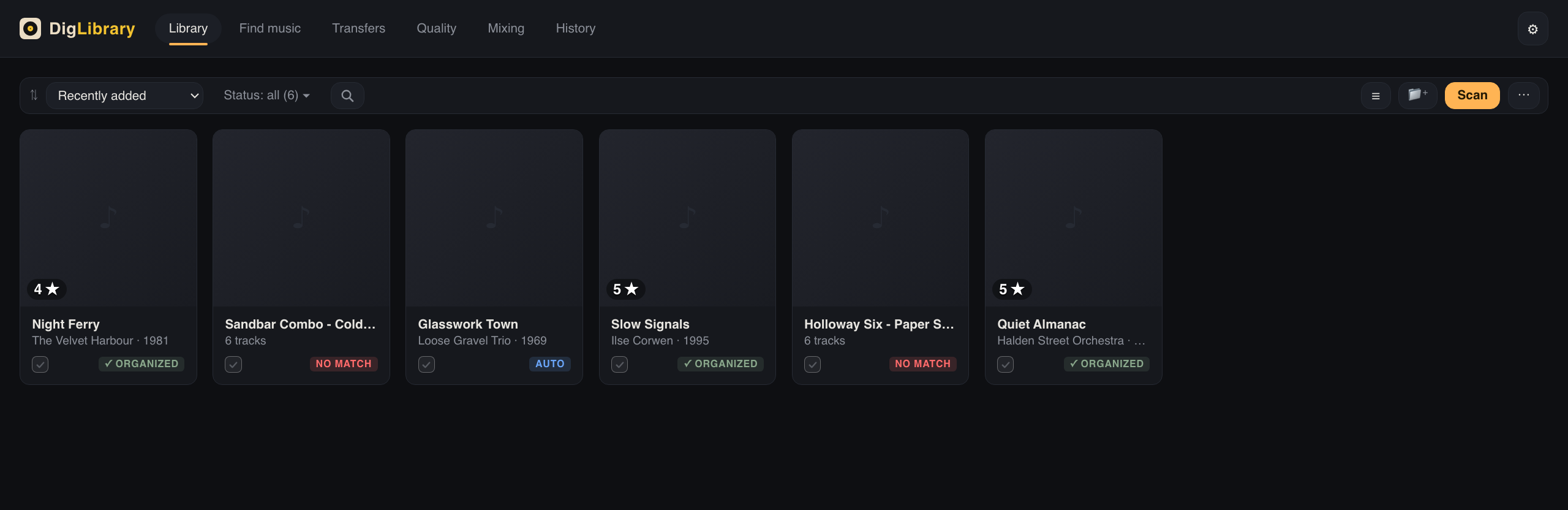The Library screen: album cards in a grid, each with a sleeve, a rating and a status chip.